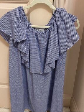 MLM Blue and White Gingham Ruffle Off Shoulder Dress Size Large